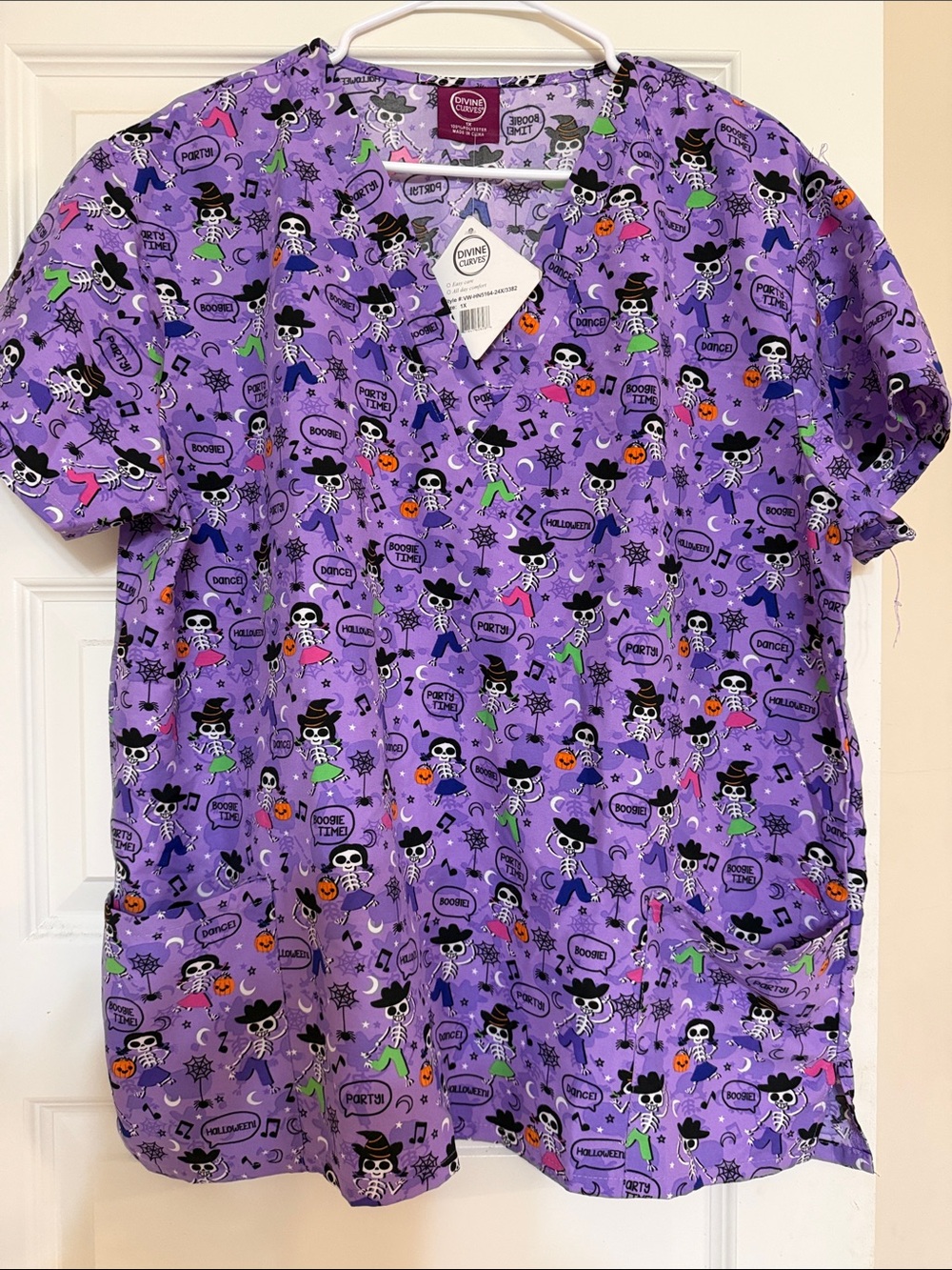 Purple Halloween Skeleton Print Kids Scrub Top